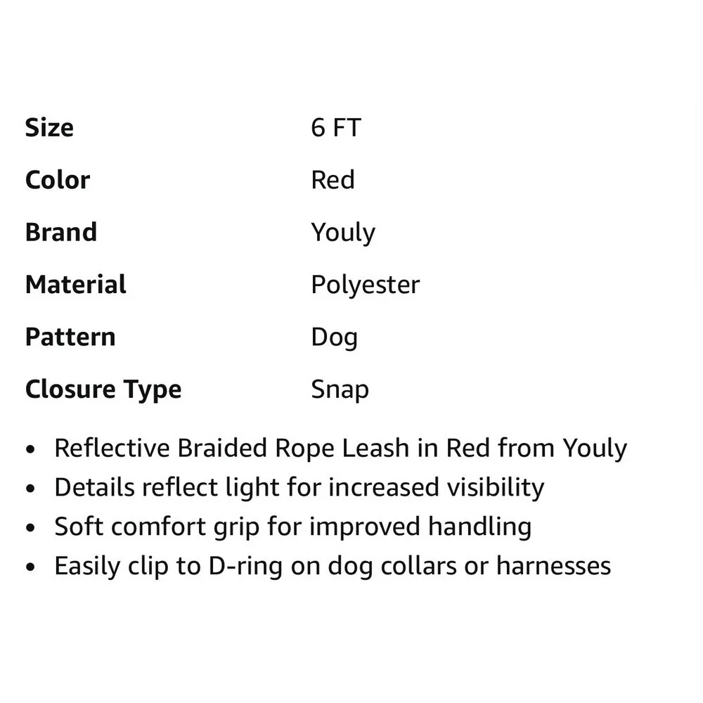 Braided Rope Dog Leash Youly 6 FT Red Reflective Soft Comfort Grip Snap New‎